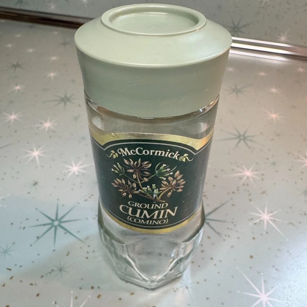 Vintage McCormick Ground Cumin Comino Jar Green Label and Lid Glass Spice Bottle